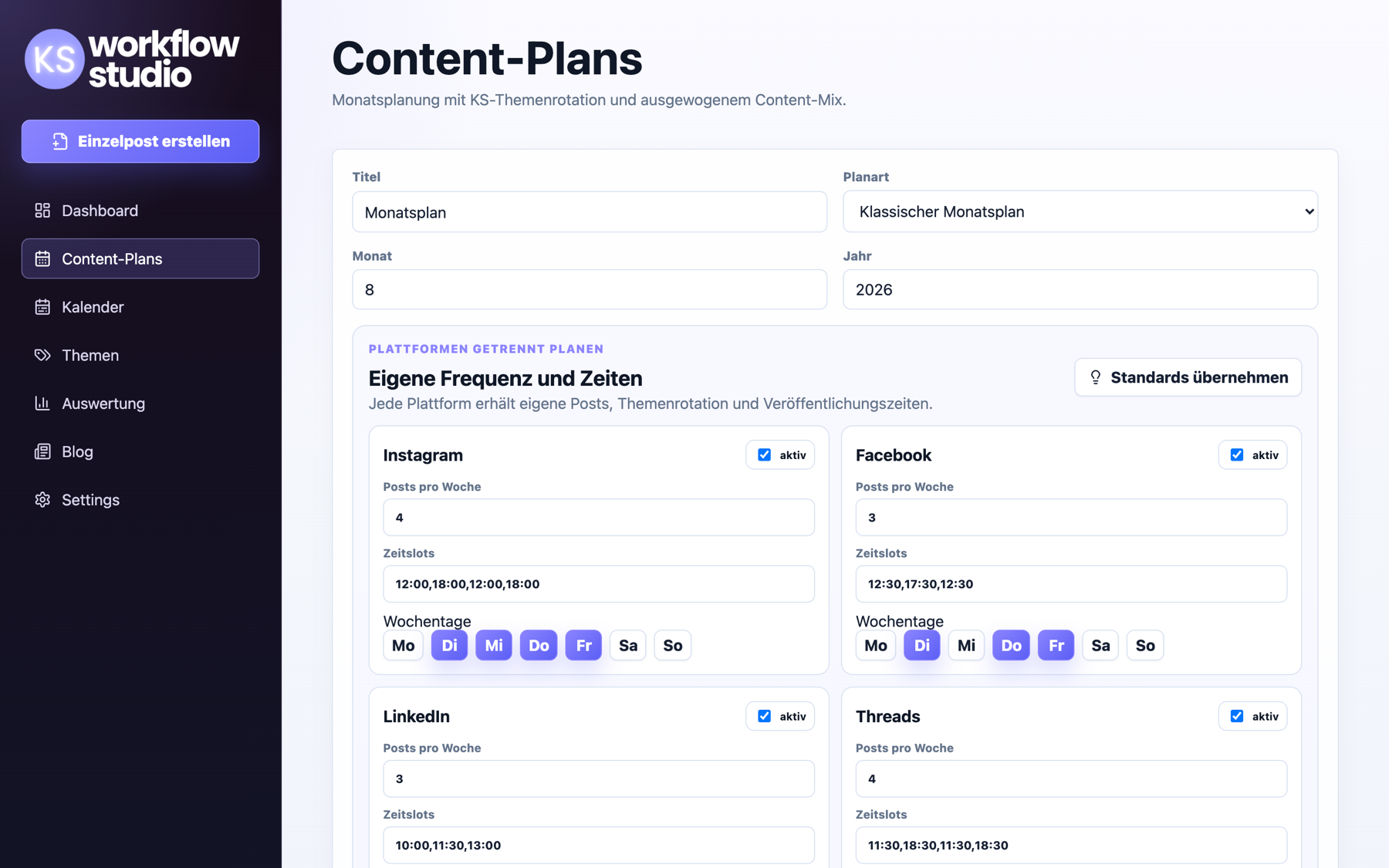 KIAN Content-Plans: Monatsplanung mit eigener Frequenz und Zeiten je Plattform