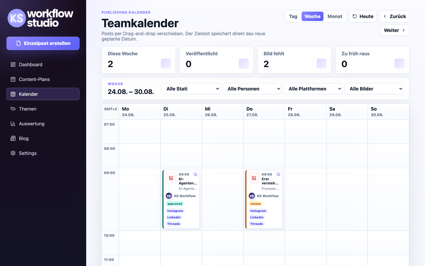 KIAN Teamkalender: geplante Posts in der Wochenansicht