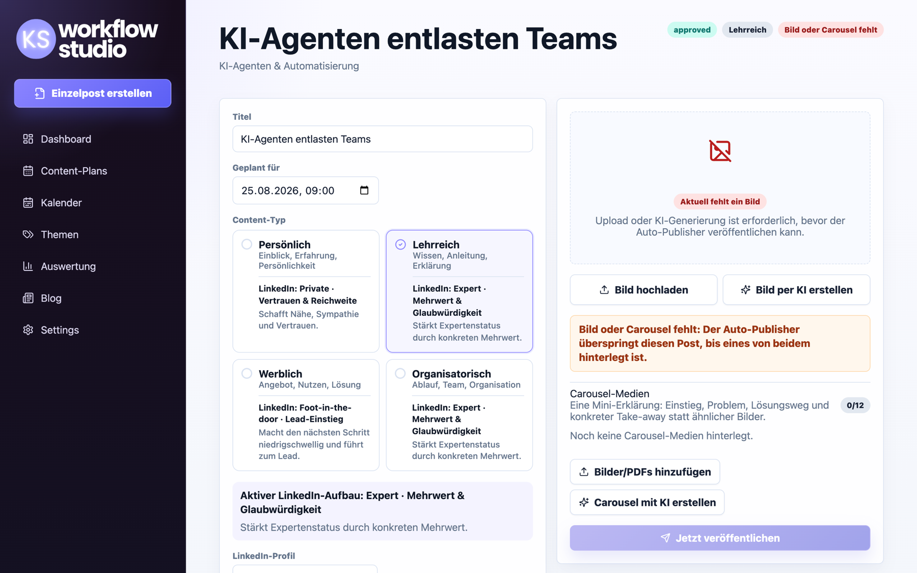 KIAN Post-Editor: Beitrag mit Content-Typ, Freigabestatus und Bild-Optionen